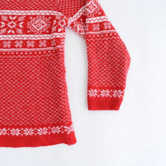Vintage 90's Cherokee Red  & Cream Snowflake 30% Wool Knit V-Neck Sweater L - Picture 7 of 12